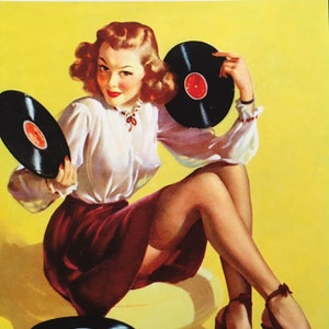 Large 12x18 ON the RECORD by ELVGREN Pin-up Playing Music, Lingerie