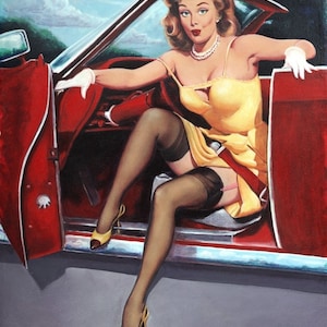 ELVGREN STEPPING OUT, Convertible, Hot Rod, Pinup Stockings, Nylons, Dress Up Skirt Pin-Up, Exposes garters image 1