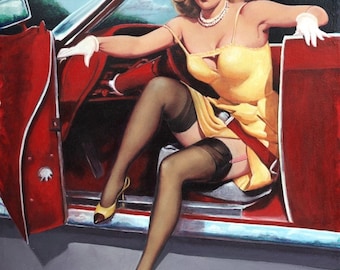 ELVGREN STEPPING OUT,  Convertible, Hot Rod, Pinup Stockings, Nylons, Dress Up Skirt Pin-Up, Exposes garters