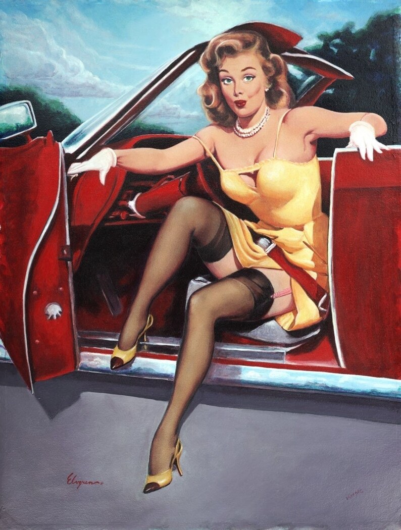 ELVGREN STEPPING OUT, Convertible, Hot Rod, Pinup Stockings, Nylons, Dress Up Skirt Pin-Up, Exposes garters image 1