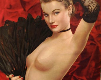 FAN DANCER BURLESQUE Pinup Art Nude 16x12 Newer print figure art print from 1940s 50S Pinup A rare Red Sample Giclee Pin-Up, Lace gloves