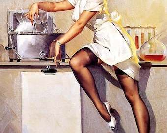 ELVGREN - WHATS COOKING  - Autoclave - Laboratory Pinup Nurse in Garters Nylons Stockings - Pin-Up 12x18