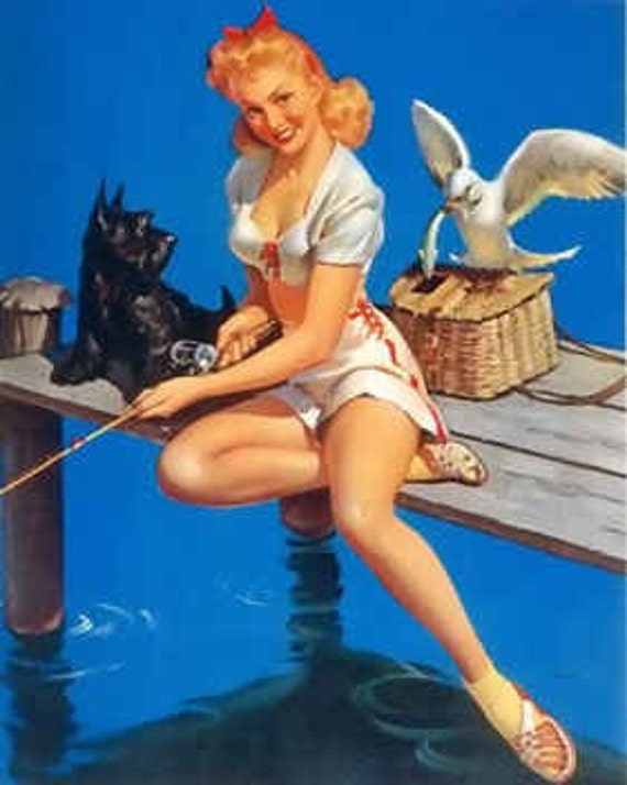 Elvgren Catch on Pinup Print 8X11 Pin-up Scotty Dog Goes Fishing Pinup 