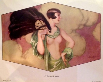 The BLACK FAN by FONTAN Uncirculated 1928 Litho French Art Deco Flapper Fan Dancer Pinup Open Gown Nude Costume Party 20s Vintage Pin-Up