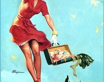 ELVGREN - FINDERS KEEPERS- Pin-Up up skirt exposes nulons stocking garters. Red dress Brunette with Scotty Dog. Travel Theme