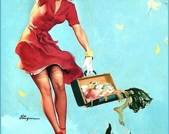 ELVGREN - FINDERS KEEPERS- Pin-Up up skirt exposes nulons stocking garters. Red dress Brunette with Scotty Dog. Travel Theme