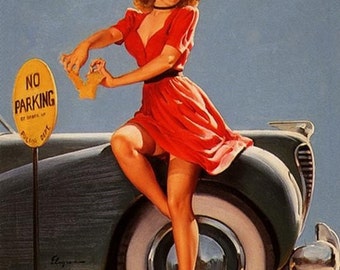 ELVGREN  Hot Rod Bad girl pin-up NOBODY PINCHING No Parking! Nylons stockings Up Skirt Cop, police 1940's pinup calendar Illustration art.