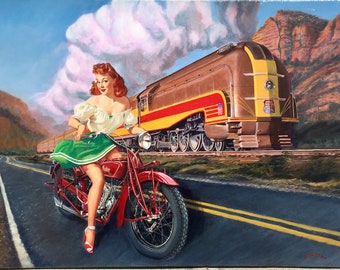 18x12 Signed Pinup INDIAN 30s MOTORCYCLE by Daniel Vancas Art Deco Streamline Train Union Pacific 49'r Pin-Up in California like Gil Elvgren