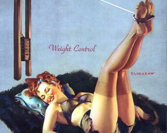 Gil Elvgren - WEIGHT CONTROL Pinup of WWII on Gym Equipment in black sheer see through lingerie, Bra and panties nylons stockings Pin-Up