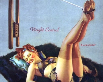 Gil Elvgren - WEIGHT CONTROL Pinup of WWII on Gym Equipment in black sheer see through lingerie, Bra and panties nylons stockings Pin-Up