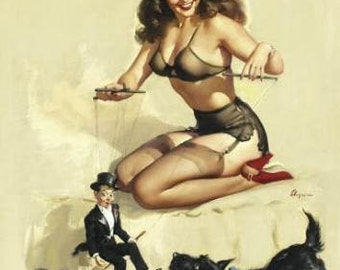 ELVGREN - EASY to HANDLE  - Pinup with scotty dog and puppet - Classic in lingerie and stockings