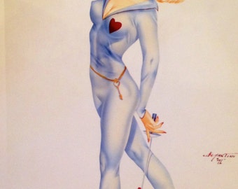 VALENTINE Key to my Heart DEMARTINI Pin-Up 12x18 Print Fencing Swords Vintage Burlesque Painting Vargas Varga pinup Great Value Sale