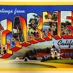 Grande 18x12 CARMEL by-the-Sea POSTER DE VIAGEM Exclusivo Retro Art Deco Vintage Poster estilo cartão postal dos anos 1940 Carmel Mission Vanguard Gallery