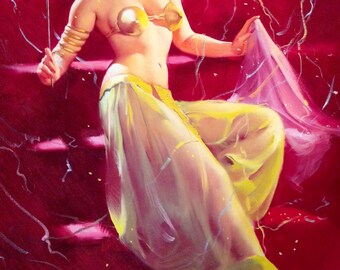 Elvgren Happy New Year SURPRISE  Pin-Up in sheer see through Genie, Burlesque Dance or Slave Girl Masquerade Costume Pin-Up