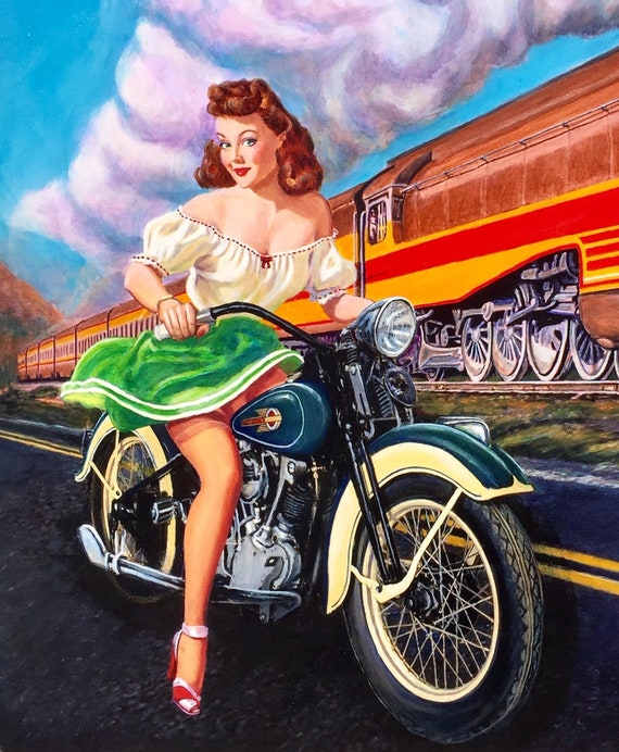 28x22 Canvas Pinup HARLEY DAVIDSON 1930s Knucklehead MOTORCYCLE by