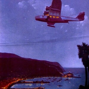 MOONLIGHT SOBRE AVALON Art Deco Island Travel, Great Gatsby, Jazz Age, Douglas Dolphin Flying Boat sobre Catalina Island - California