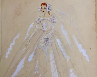 Spaulding 1944 WEDDING GOWN DESIGN, Original, 20x15 Hollywood stage designs, art deco Midcentury WwII Era American pinup Costumes designer