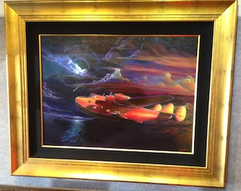 SALE - Painted Huge 20X26 Canvas LAST FLIGHT Pan Am Clipper Deco Island Travel Airplane Wwii flying boat Pearl Harbor Honolulu Hawaii Boeing