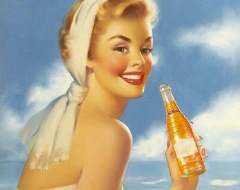 2 for 1 Sale 16X16 Canvas giclee  NESBITT'S  SODA PoP RUNCI Collection Ad Sign Art 50s Pop Pin-Up Orange Ad Illustrations and Pinups