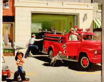 Giclee CANVAS 18x24 FIREMAN FIRETRUCK Frahm 50s Puppy Dog Dalmatian Vintage, Bath nursery children room Calendar Pinups Art Baby Shower Gift