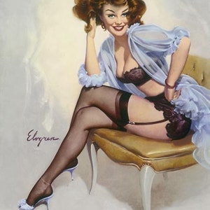 ELVGREN WELL SEATED Pin-Up negligee lingerie, stockings nylons Calendar Girl pinup apx 12x18 image 1