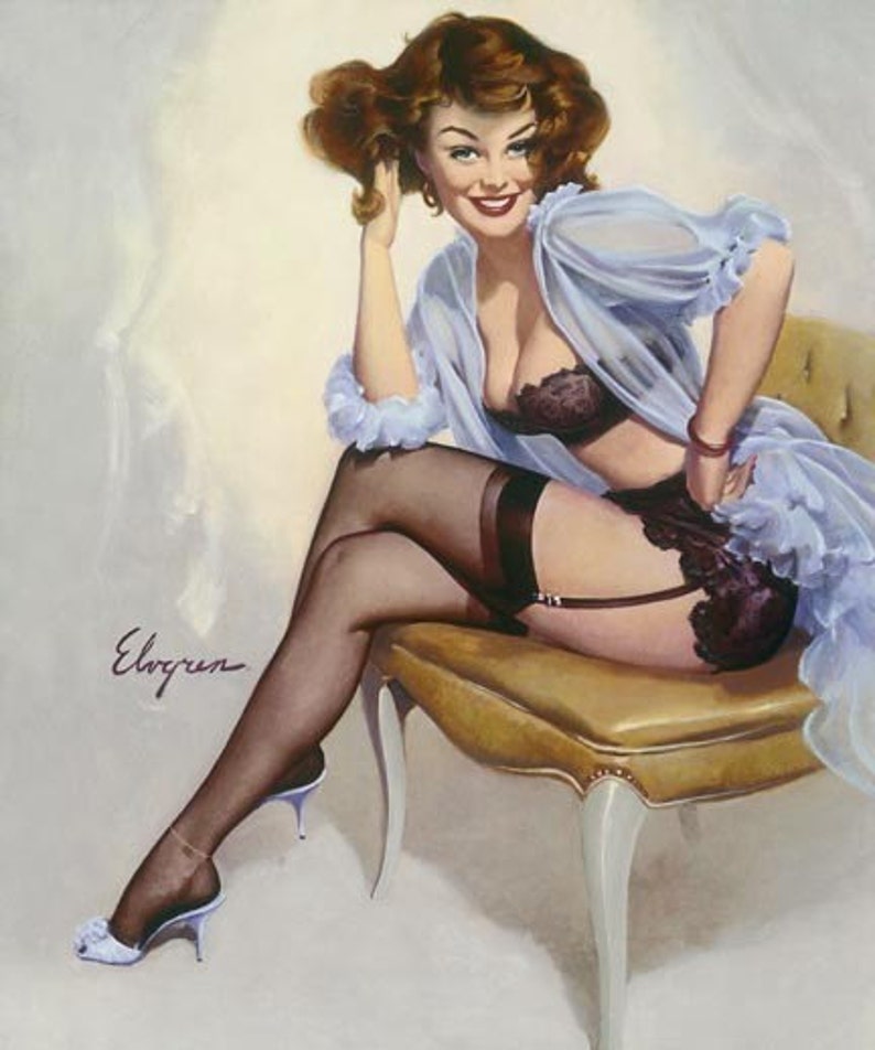 ELVGREN WELL SEATED Pin-Up negligee lingerie, stockings nylons Calendar Girl pinup apx 12x18 image 1