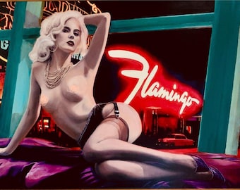 METAMORPHOSIS by Daniel VANCAS Pinup FLAMINGO Hotel Neon Las Vegas Pin-Up 40x26 Pulp Illustration Detective Dan Series noir mystery books.