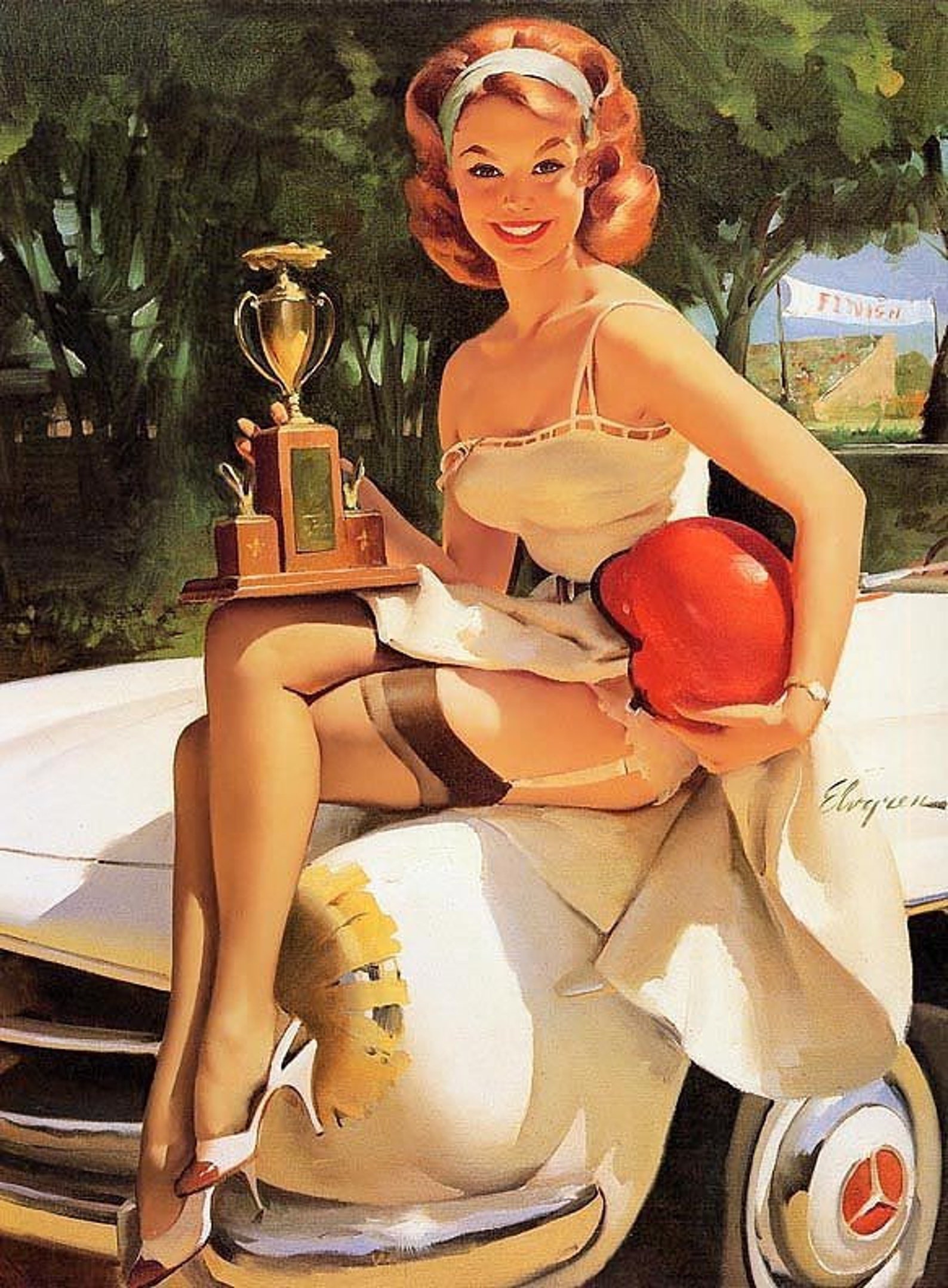 Sale Elvgren Fast Lass Pin Up Mercedes Sl Stock Race Car Pinup Etsy 