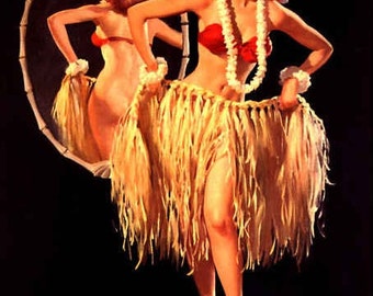 SALE - ELVGREN pin-up Drawing Straws HAwaii Island Tiki Hula pinup girl - LARGE Canvas Art