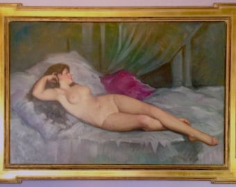 SUPER Sale! Large Romantic NUDE Art Deco 1947 ORIGINAL Oil Painting Pin-up model, Bar Room Burlesque classic Pinup 24x36
