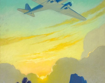 SUNSET Over SOUTHWEST Dc-3  Art Deco Airplane Travel over the desert in 1930s and 40s American, TWA, Pan Am and United Airlines