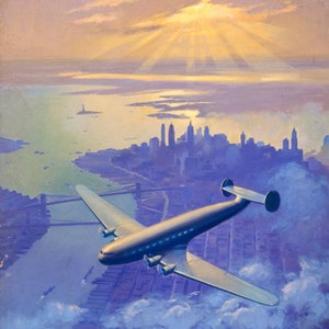 Sunset Over NEW YORK  Constellation or Connie Art Deco Airplane Travel over New York 1930s and 40s American, TWA, Pan Am United Airlines