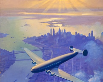 Sunset Over NEW YORK  Constellation or Connie Art Deco Airplane Travel over New York 1930s and 40s American, TWA, Pan Am United Airlines