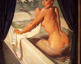 ELVGREN - JEEPERS PEEPERS - PinUp MidCentury pin-up, tub, bath bathroom art Best 50s calendar art. Fully authorized and signed Daniel Vancas