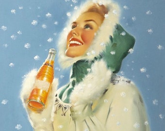 SALE Winter Time Holiday Christmas pinup RUNCI 1950's Soda Pop Pin Up NESBITT'S Orange Ad Illustrations Pinup Painter Golden Age Pinups