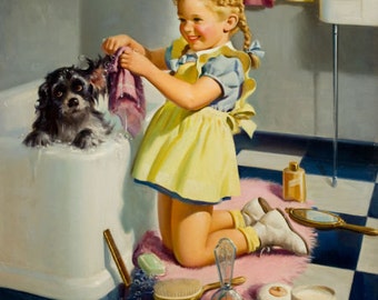 CART SALE Baby Shower Sale 12x18 BATH TiME Puppy Frahm 40s Cocker Puppy Dog Vintage  Bathroom nursery children room Calendar Pinups Art