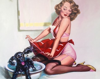 97ESTATE Sale GIL ELVGREN A Fair Shake Original Painting Huge 40x30 Pinup Vancas of Cocker Spaniel Puppy Dog UpSkirt Pin-Up Nylons Stockings