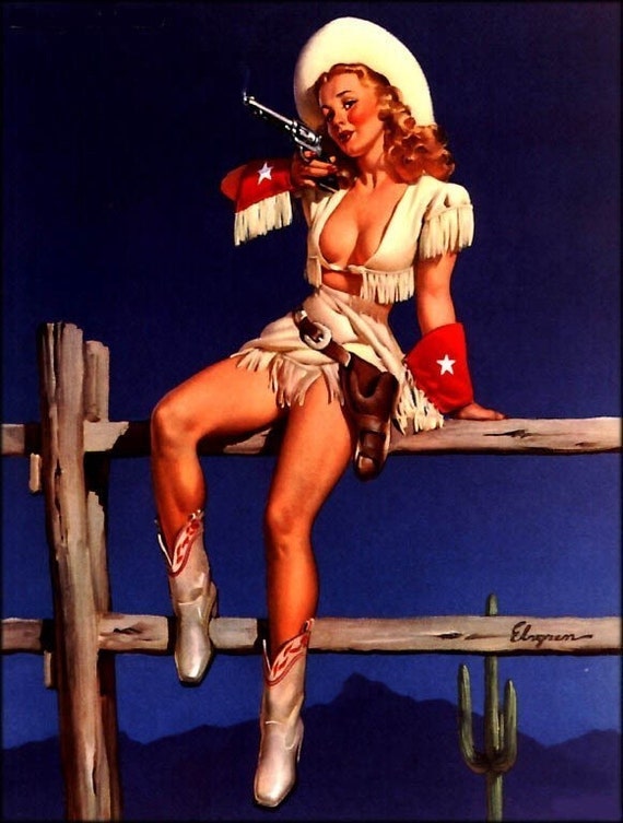 Elvgren Aiming To Please Texas Cowgirl Pinup With Colt Peacemarker Pistol Southwestern 1940s 50s Nostalgia Roy Rogers Pin Up - 