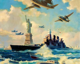 SUPER Sale NYC New York WWII Statue of Liberty Original Painting 20X24  1940s Recruitment Air Force, Navy, Marines Illustration Art Deco