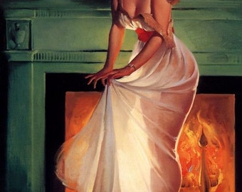 ELVGREN - SHEER DELIGHT  - Christmas  Pin-Up in sheer see through night gown robe negligee fireplace Pinup waits for Santa