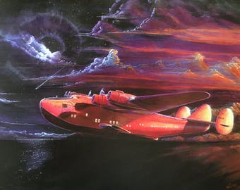 Sale Painting PAN AM CLIPPER by Daniel Vancas Boeing 314 Flying Boat Aviation Art Deco WwII Honolulu Hawaii  December 7th, 1941