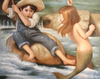 Great Value ORIGINAL Painting 30X24 Boy Fishing for MERMAIDS Art NOUVEAU Deco Pin-up Modern Mid Century pinup Mermaid 1900s Vanguard Gallery