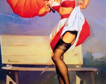 12x18 ELVGREN - BUS STOP - Marilyn Retro up skirt Pinup - Stockings - Nylons pin-up Panties Vintage Dress Lingerie Fantasy - Signed art