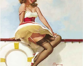 Elvgren SAILOR GIRL Burlesque Up-Skirt Nylons Stockings Pantie Pin-Up Modern Deco Bathroom pinup - Signed Giclee Pinup Made in U.S.A.