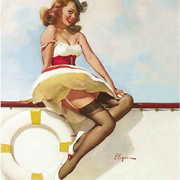 Elvgren SAILOR GIRL Burlesque Up-Skirt Nylons Stockings Pantie Pin-Up Modern Deco Bathroom pinup - Signed Giclee Pinup Made in U.S.A.