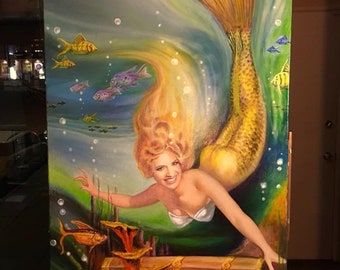 MERMAID MY TREASURE  11x8 Vancas Girl Pin-Up Tiki, Beach, Hula Sea Siren Daniel Vancas famous Elvgren Vargas Style Pinup Sea, Beach Home