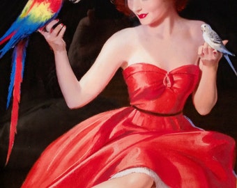12X18 Print - Sale - BRADSHAW CRANDELL Red Dress Glamour Pin-Up Parrot Parakeet Budgie Deco Pin-Up - Cosmopolitan Illustrator of 40s - Pinup