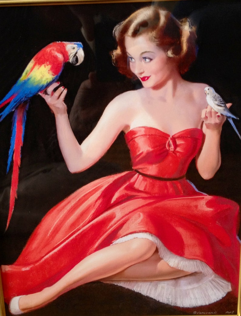 12X18 Print Sale BRADSHAW CRANDELL Red Dress Glamour Pin-Up Parrot Parakeet Budgie Deco Pin-Up Cosmopolitan Illustrator of 40s Pinup image 1