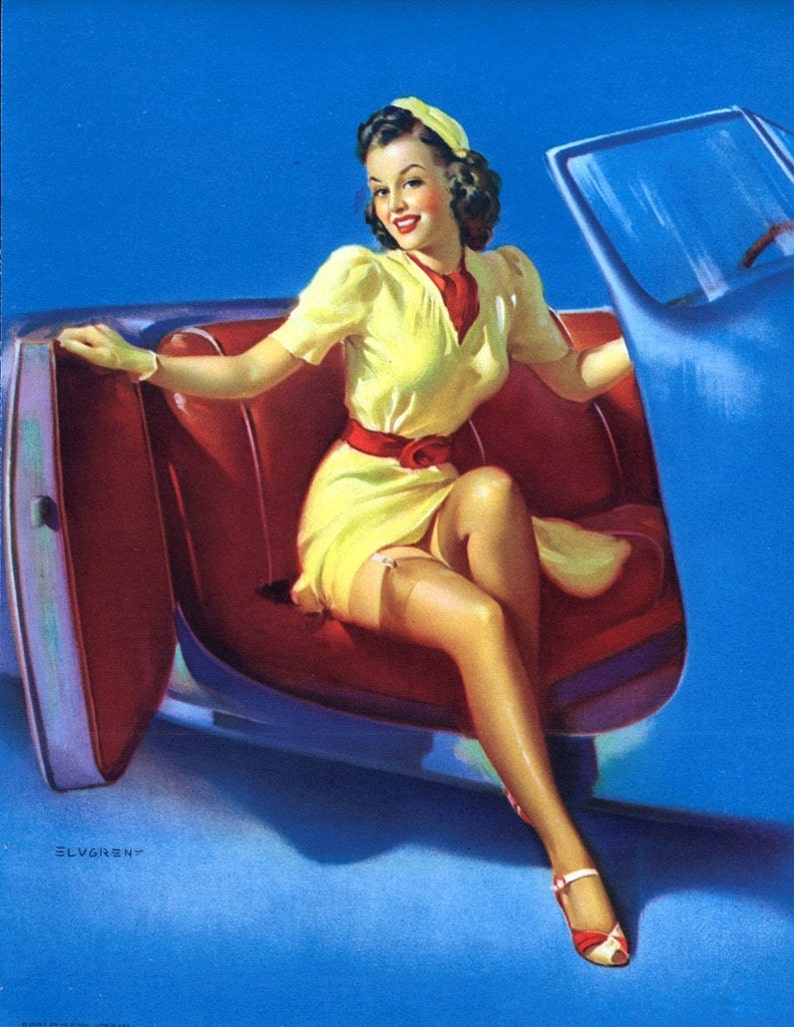 SALE . Elvgren SPORTS MODEL . Hot Rod Car Pin-Up, Vintage Dress, Stockings Up Skirt pinup Deco. Canvas Giclee image 1