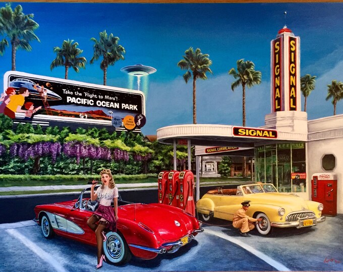 Featured listing image: 40x30 Canvas FLIGHT To MARS, by Daniel Vancas, 50s Santa Monica Route 66, Pin-Up UFO Flying Saucer Coke Signal Station, Corvette Olds Pinup